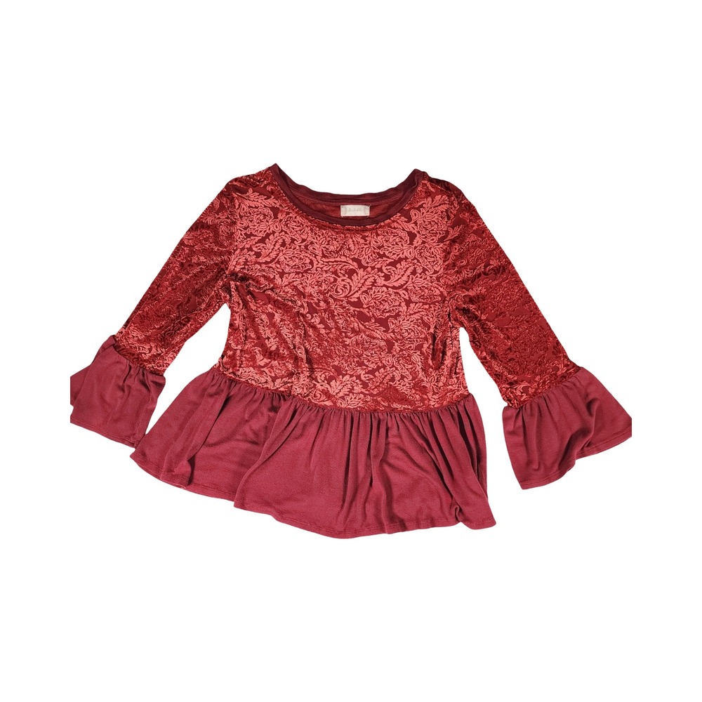 Altard State Burgundy Velvet Burnout Peplum Top Bell Sleeves Size L